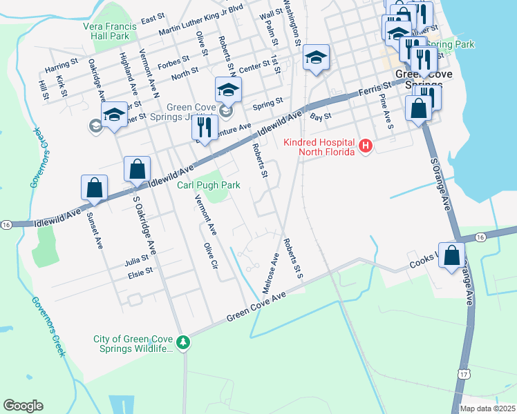 map of restaurants, bars, coffee shops, grocery stores, and more near 458 Jeri Drive in Green Cove Springs