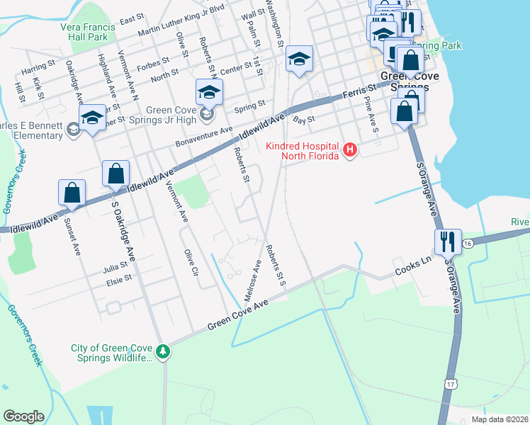 map of restaurants, bars, coffee shops, grocery stores, and more near 439 Melrose Avenue in Green Cove Springs