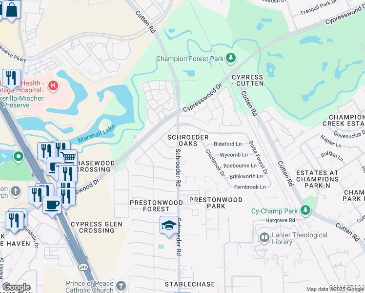 map of restaurants, bars, coffee shops, grocery stores, and more near 14250 Schroeder Rd in Houston
