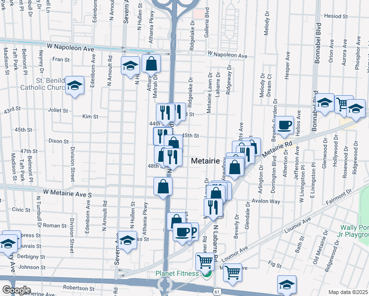 map of restaurants, bars, coffee shops, grocery stores, and more near 1022 Ridgelake Drive in Metairie