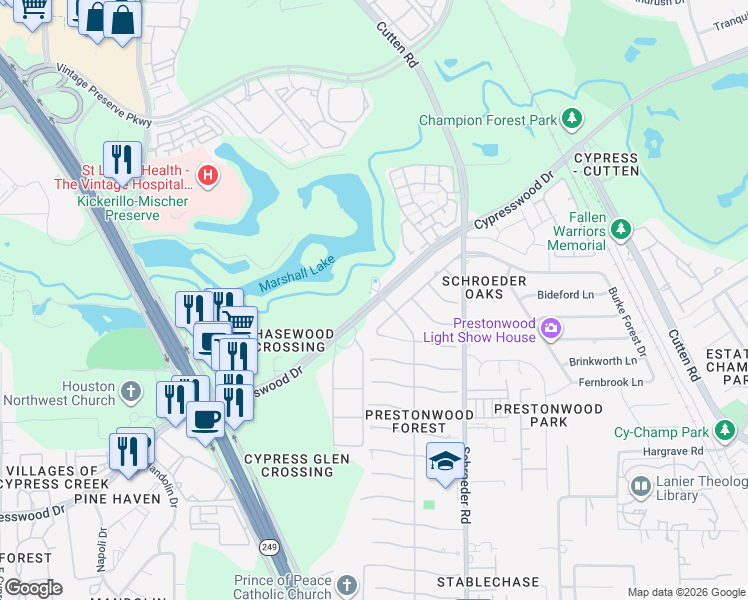 map of restaurants, bars, coffee shops, grocery stores, and more near 14210 Prestonwood Forest Drive in Houston