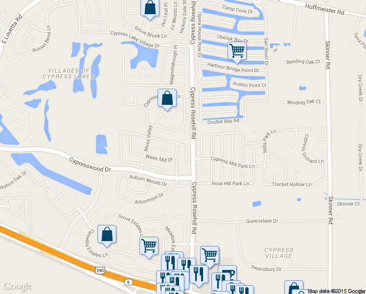 map of restaurants, bars, coffee shops, grocery stores, and more near 14719 Plains River Drive in Cypress