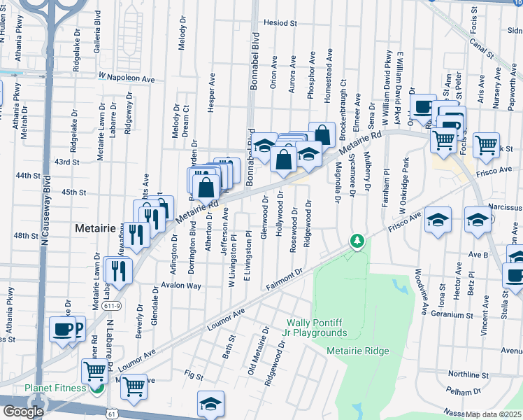 map of restaurants, bars, coffee shops, grocery stores, and more near 128 Glenwood Drive in Metairie