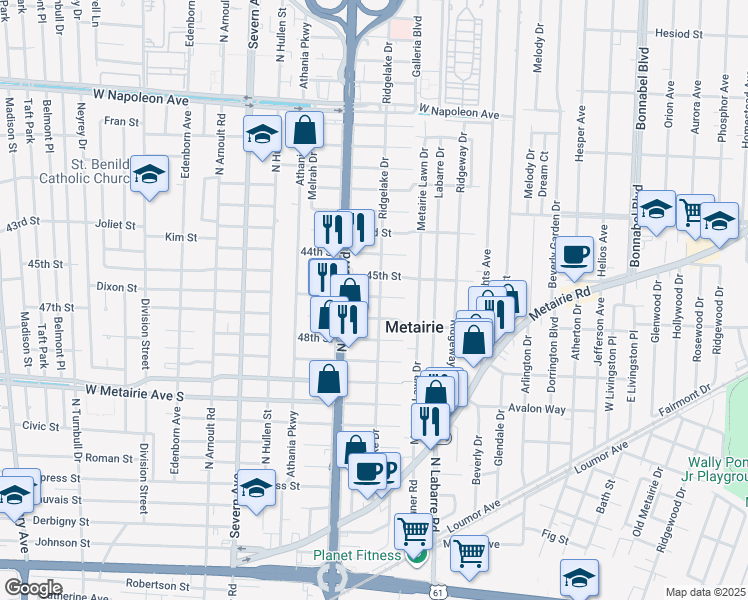 map of restaurants, bars, coffee shops, grocery stores, and more near 1022 Ridgelake Drive in Metairie