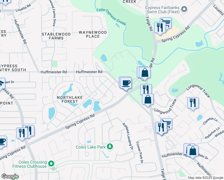 map of restaurants, bars, coffee shops, grocery stores, and more near 15407 Amber Hollow Lane in Cypress