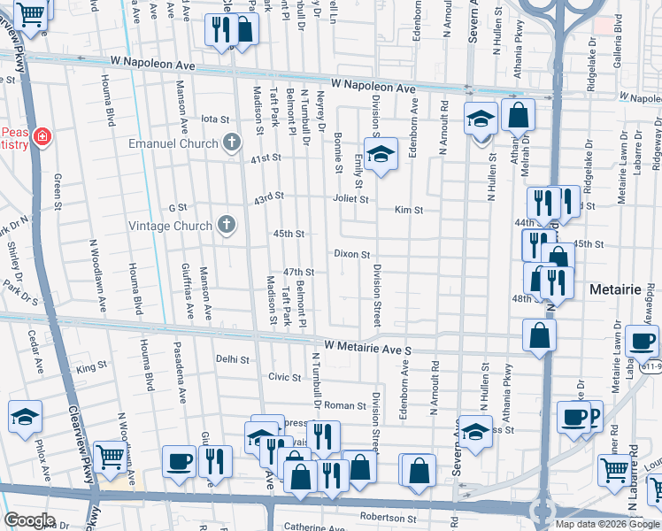 map of restaurants, bars, coffee shops, grocery stores, and more near 1205 Neyrey Drive in Metairie