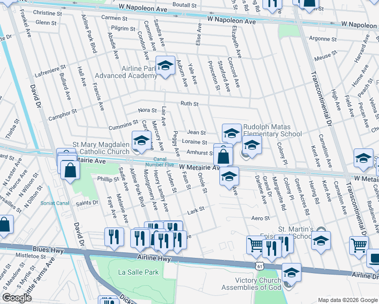 map of restaurants, bars, coffee shops, grocery stores, and more near 6120 Amhurst Street in Metairie