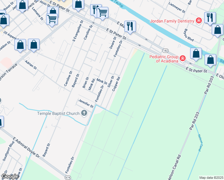 map of restaurants, bars, coffee shops, grocery stores, and more near 507 Silver St in New Iberia