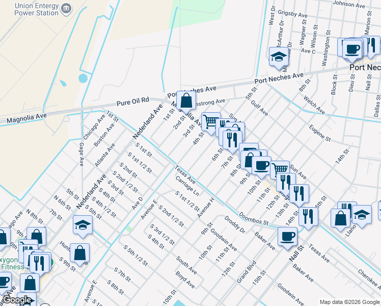 map of restaurants, bars, coffee shops, grocery stores, and more near 2301 4th Street in Port Neches