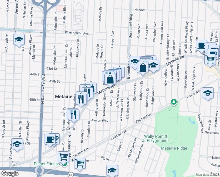 map of restaurants, bars, coffee shops, grocery stores, and more near 2030 Metairie Road in Metairie