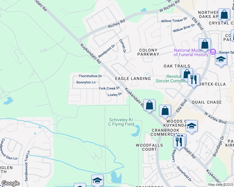 map of restaurants, bars, coffee shops, grocery stores, and more near 13935 Brayford Place Court in Houston