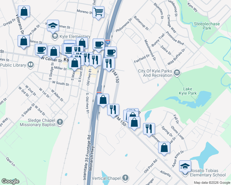 map of restaurants, bars, coffee shops, grocery stores, and more near West Farm to Market Road 150 in Kyle