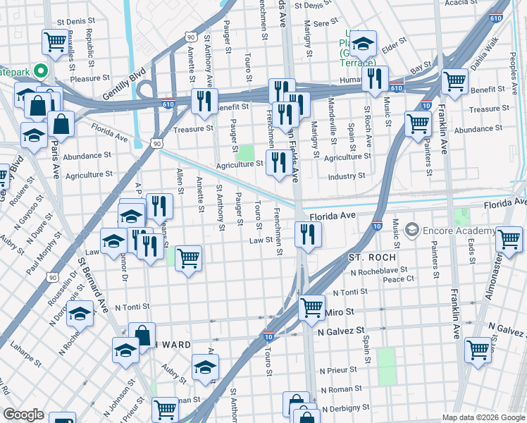 map of restaurants, bars, coffee shops, grocery stores, and more near 2153 Hope Street in New Orleans
