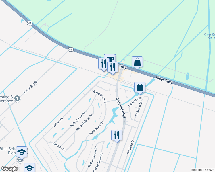 map of restaurants, bars, coffee shops, grocery stores, and more near in Destrehan