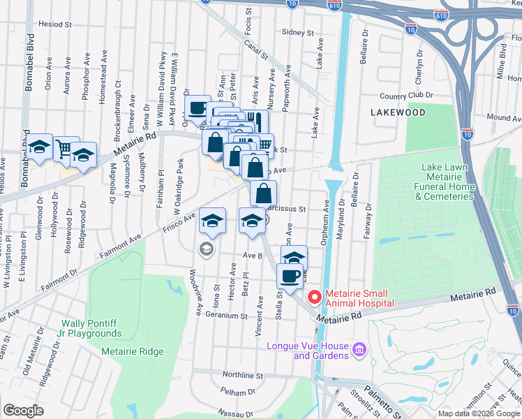 map of restaurants, bars, coffee shops, grocery stores, and more near 433 Metairie Road in Metairie