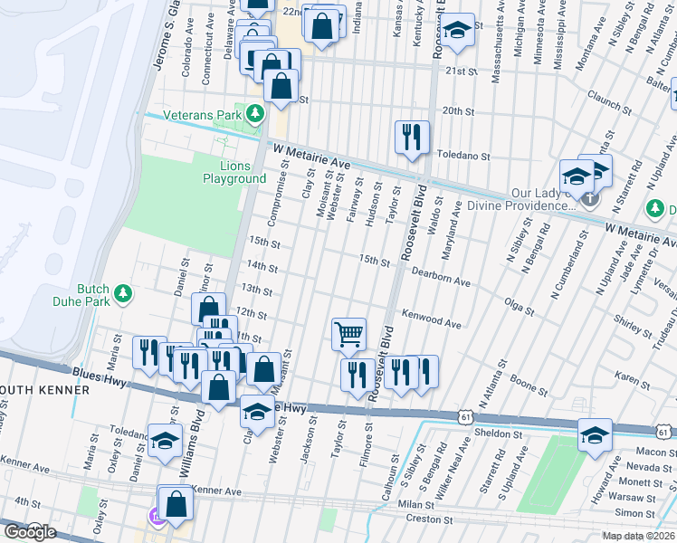 map of restaurants, bars, coffee shops, grocery stores, and more near 1409 Fairway Street in Kenner