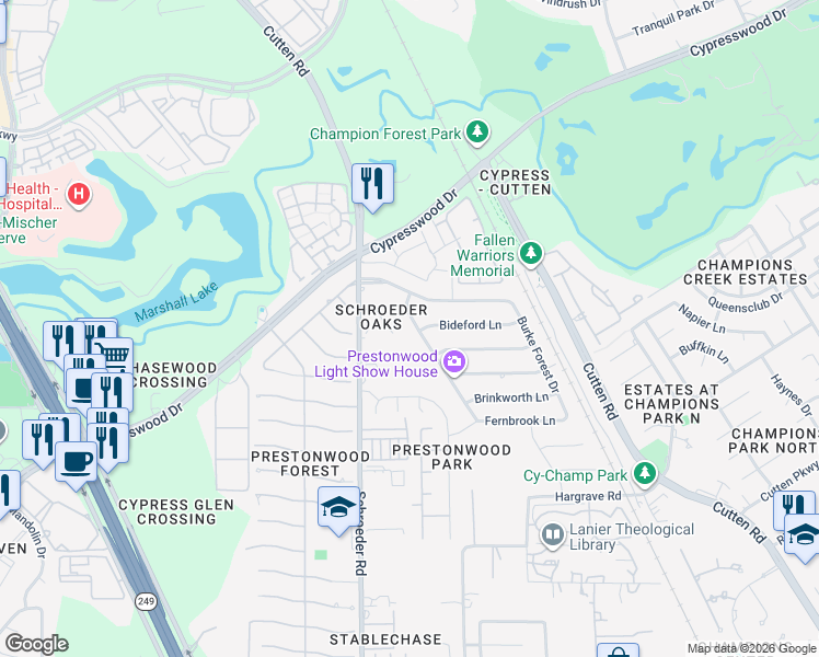 map of restaurants, bars, coffee shops, grocery stores, and more near 14123 Cleobrook Drive in Houston