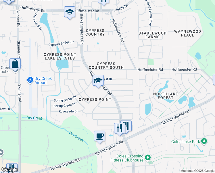 map of restaurants, bars, coffee shops, grocery stores, and more near 16311 Indian Cypress Drive in Harris County