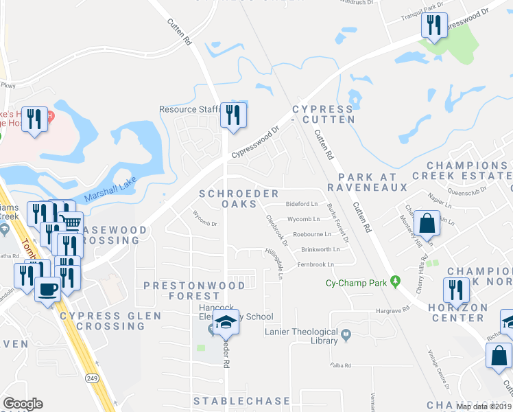 map of restaurants, bars, coffee shops, grocery stores, and more near 14123 Cleobrook Drive in Houston