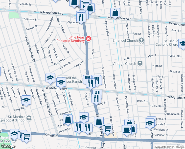 map of restaurants, bars, coffee shops, grocery stores, and more near 1116 Green Street in Metairie
