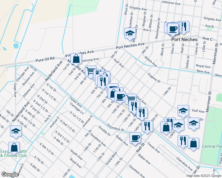 map of restaurants, bars, coffee shops, grocery stores, and more near 2138 8th St in Port Neches
