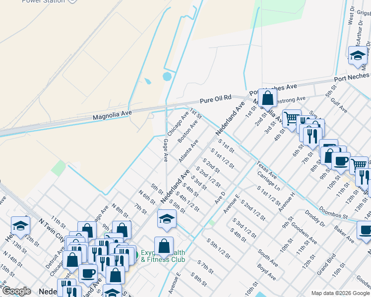 map of restaurants, bars, coffee shops, grocery stores, and more near 220 Atlanta Ave in Nederland