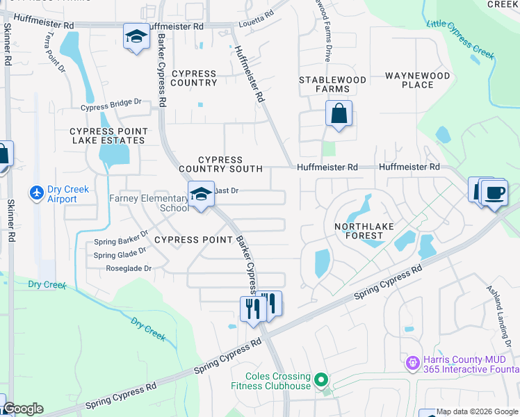 map of restaurants, bars, coffee shops, grocery stores, and more near 16135 Indian Cypress Drive in Cypress