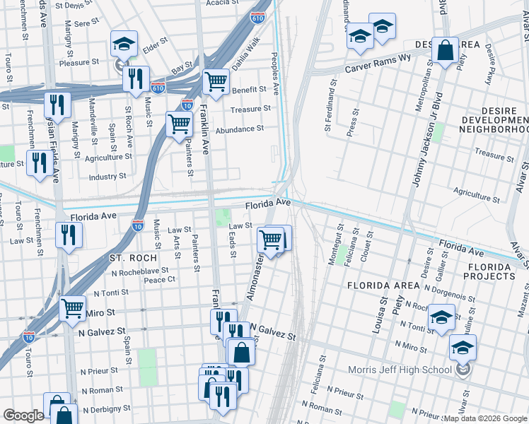 map of restaurants, bars, coffee shops, grocery stores, and more near 2625 Almonaster Avenue in New Orleans