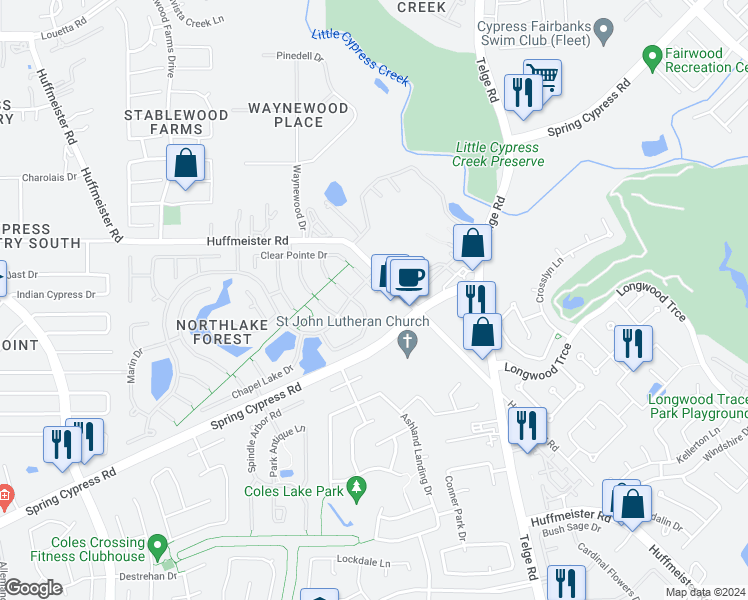 map of restaurants, bars, coffee shops, grocery stores, and more near 14207 Parable Lane in Cypress