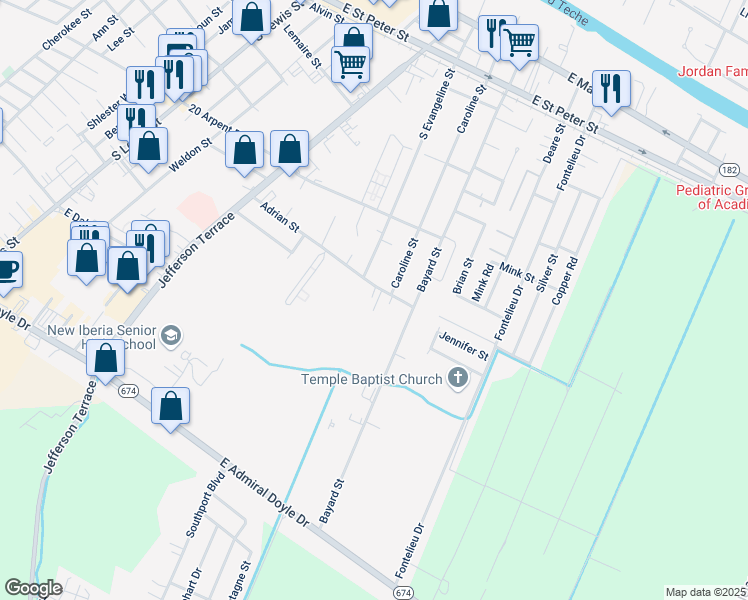 map of restaurants, bars, coffee shops, grocery stores, and more near 1424 Adrian Street in New Iberia