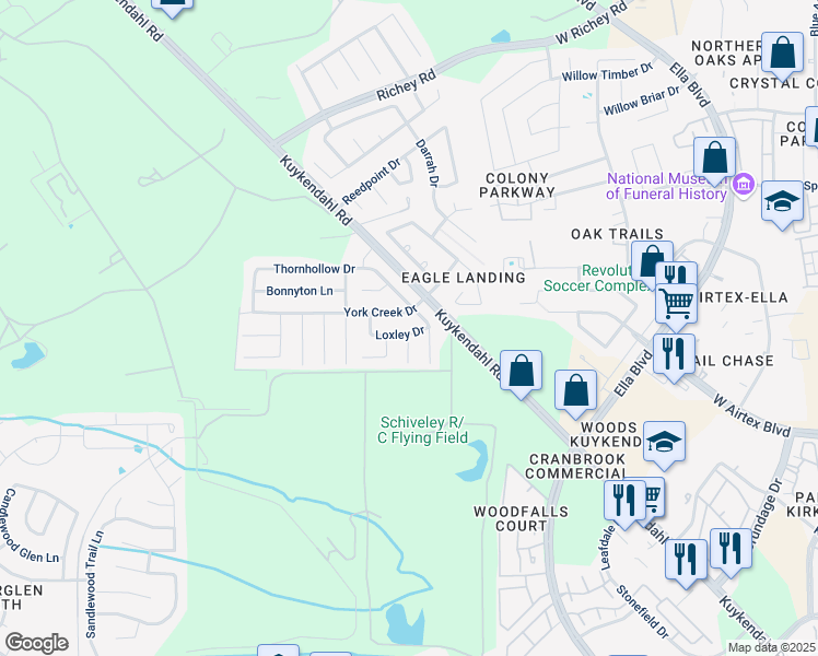 map of restaurants, bars, coffee shops, grocery stores, and more near 13935 Brayford Place Court in Houston