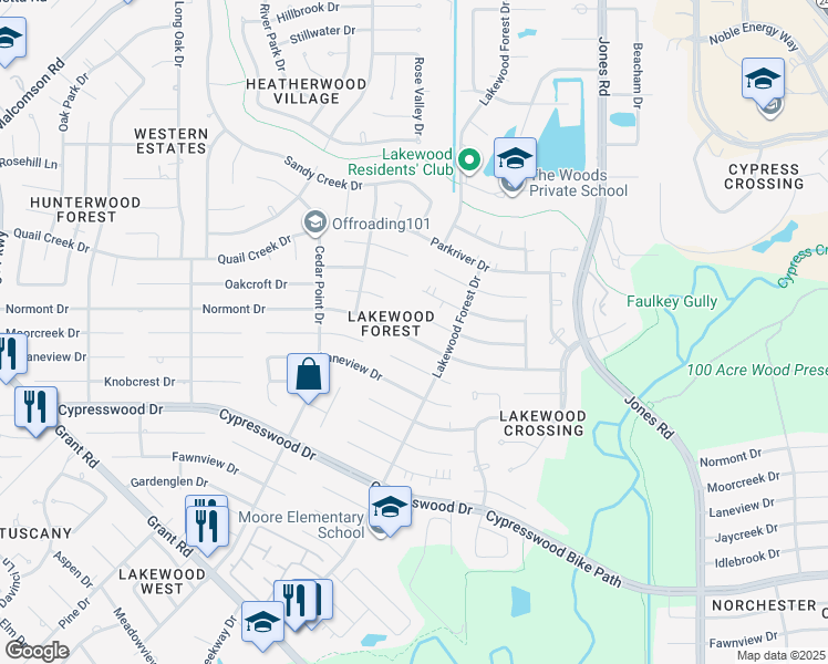 map of restaurants, bars, coffee shops, grocery stores, and more near 11722 Normont Drive in Houston