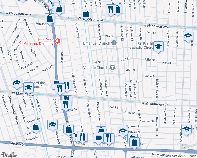 map of restaurants, bars, coffee shops, grocery stores, and more near 1204 Giuffrias Avenue in Metairie