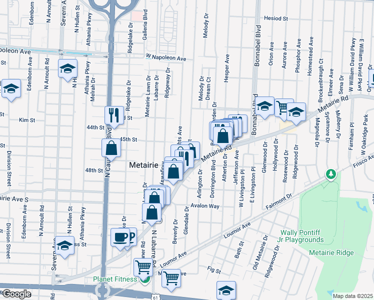 map of restaurants, bars, coffee shops, grocery stores, and more near 35 Metairie Court in Metairie