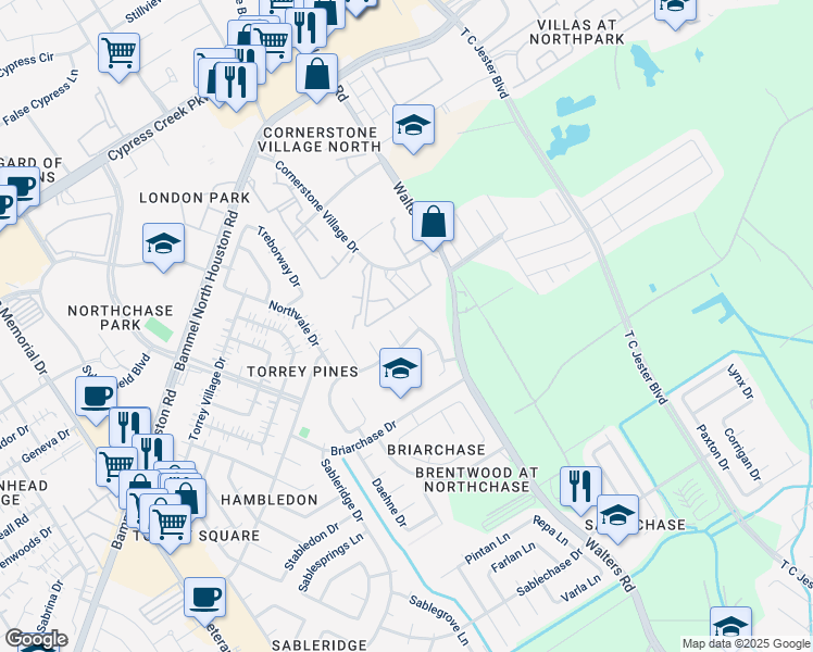 map of restaurants, bars, coffee shops, grocery stores, and more near 13906 Whispertrail Court in Houston