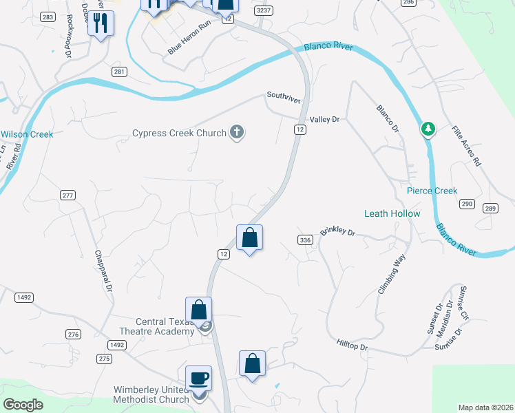 map of restaurants, bars, coffee shops, grocery stores, and more near 12589 Ranch Road 12 in Wimberley