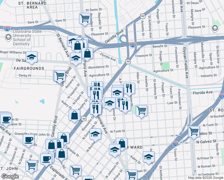 map of restaurants, bars, coffee shops, grocery stores, and more near 1744 Duels Street in New Orleans