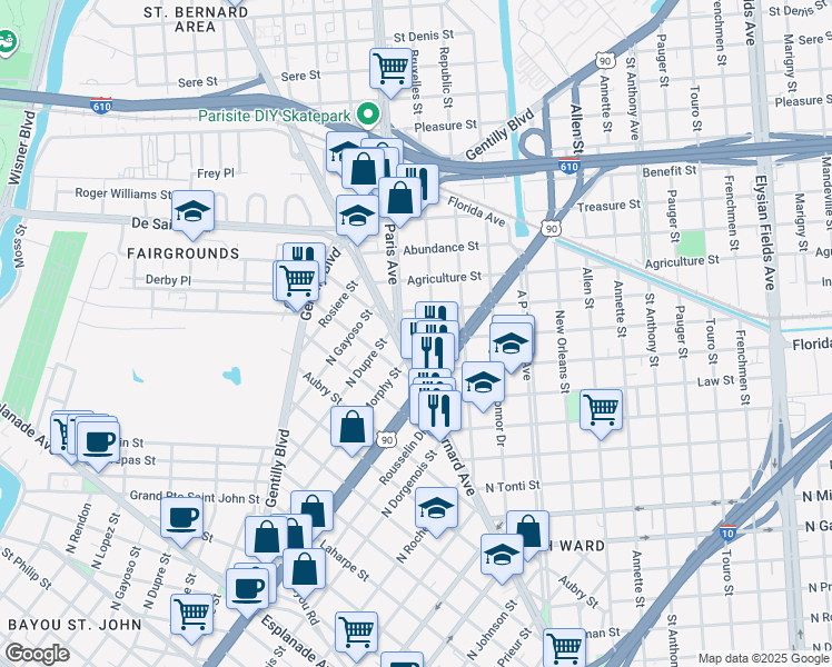 map of restaurants, bars, coffee shops, grocery stores, and more near 1617 Duels Street in New Orleans