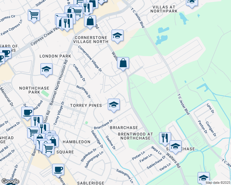 map of restaurants, bars, coffee shops, grocery stores, and more near 13906 Whispertrail Court in Houston