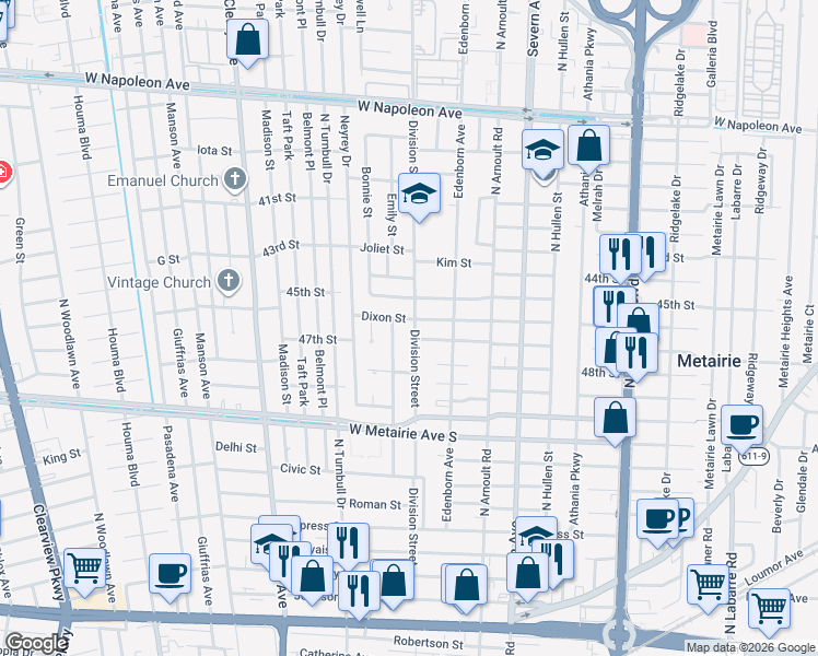 map of restaurants, bars, coffee shops, grocery stores, and more near 1301 Waltham Street in Metairie