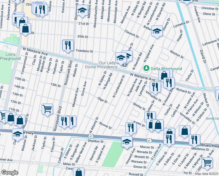 map of restaurants, bars, coffee shops, grocery stores, and more near 520 North Atlanta Street in Metairie