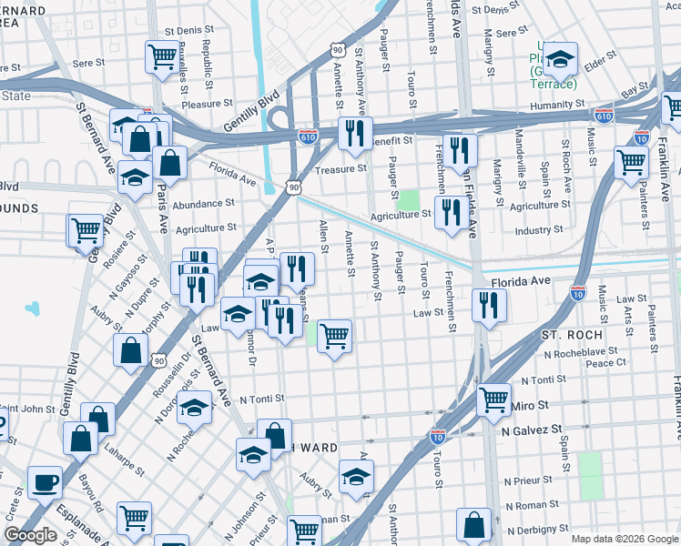 map of restaurants, bars, coffee shops, grocery stores, and more near 1926 Duels Street in New Orleans