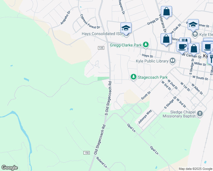 map of restaurants, bars, coffee shops, grocery stores, and more near 706 Old Stagecoach Road in Kyle
