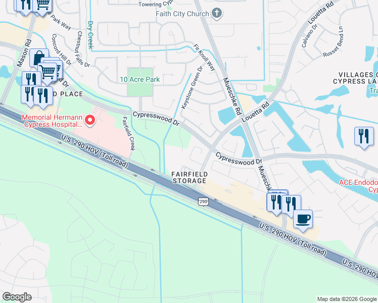 map of restaurants, bars, coffee shops, grocery stores, and more near 14307 West Oblong Circle in Cypress