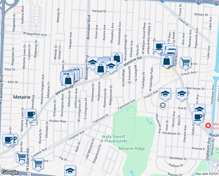 map of restaurants, bars, coffee shops, grocery stores, and more near 141 Ridgewood Drive in Metairie
