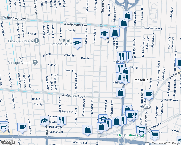 map of restaurants, bars, coffee shops, grocery stores, and more near 3613 47th Street in Metairie