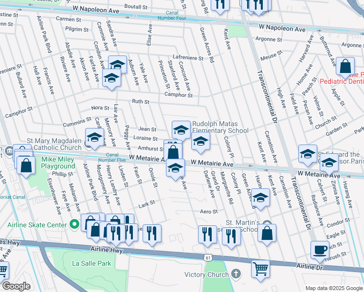 map of restaurants, bars, coffee shops, grocery stores, and more near 1201 Elise Avenue in Metairie