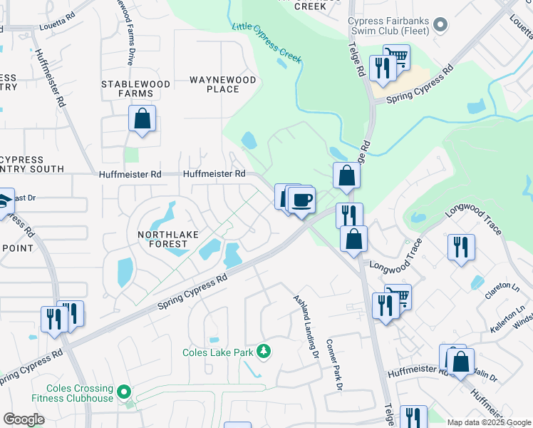 map of restaurants, bars, coffee shops, grocery stores, and more near 15407 Amber Hollow Lane in Cypress