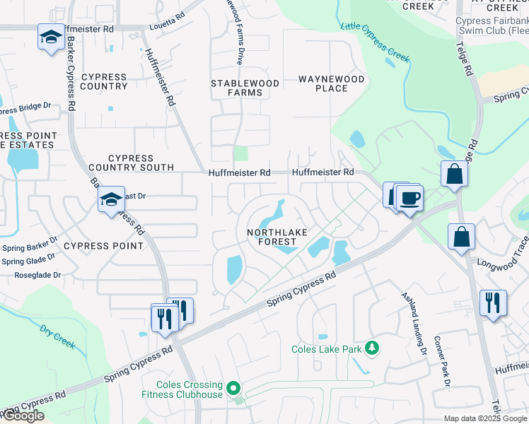 map of restaurants, bars, coffee shops, grocery stores, and more near 16103 Diamond Rock Drive in Cypress