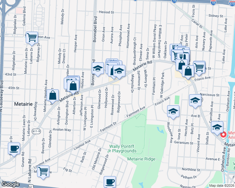 map of restaurants, bars, coffee shops, grocery stores, and more near 141 Ridgewood Drive in Metairie